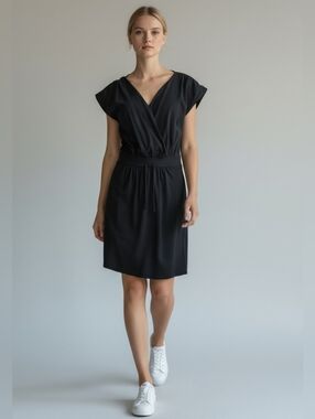 Old Navy Black Stretch Ruched Cap Sleeve Faux Wrap Tie Waist A-Line Dress Medium